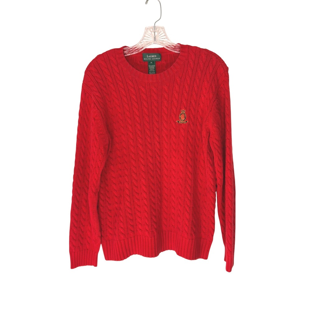 Ralph Lauren Cable Knit Sweater Women's Red Cable Knit Cotton Crest Medium